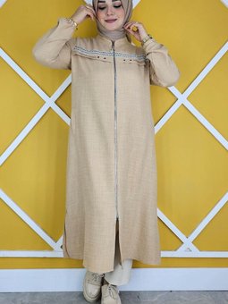 Bej Dantel Şerit Detaylı Kap