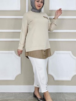 Bej Kot Kombinli Düğme Detaylı Tunik