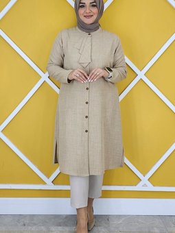 Bej Volan Hakim Yaka Detaylı Gömlek