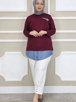 Bordo Kot Kombinli Düğme Detaylı Tunik