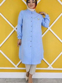 Buz Mavi Broş Detaylı Manşet Lastikli Ve Büzgülü Gömlek