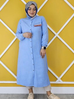 Buz Mavi Hakim Yaka Taş Ve Şerit Detaylı Düğmeli Kap