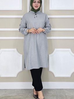 Gri Omuzlardan Kollara Düğme Detay Tunik