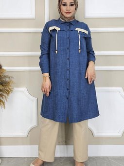 İndigo Bağucu Detaylı Gömlek