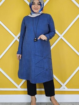 İndigo Nervür Dikim Detaylı Kolyeli Tunik