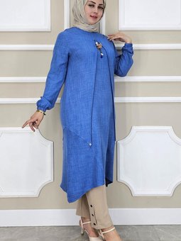 İndigo Yaka Sallantı Aksesuar Detaylı Tunik