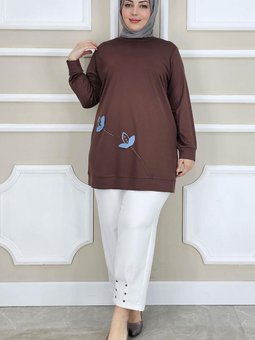 Kahverengi Çiçek Dikme Detaylı Tunik