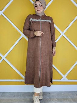 Kahverengi Dantel Şerit Detaylı Kap