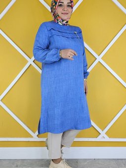 Koyu Mavi Aller Kesim Broş Detaylı Tunik