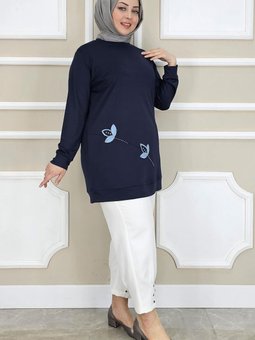 Lacivert Çiçek Dikme Detaylı Tunik