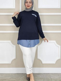 Lacivert Kot Kombinli Düğme Detaylı Tunik