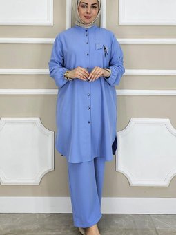 Mavi Aksesuarlı Hakim Yaka İkili Takım