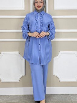 Mavi Çigili Fırfırlı Gömlek Pantolon İkili Takım