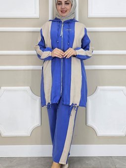 Mavi Dikme Detaylı Kapüşonlu İkili Takım