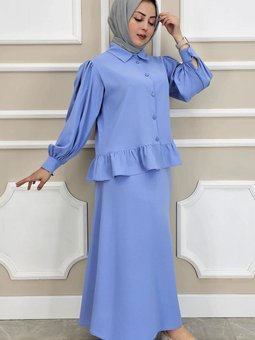 Mavi Fırfır Detaylı Etekli İkili Takım