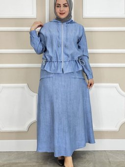 Mavi Kapüşonlu Etekli İkili Takım