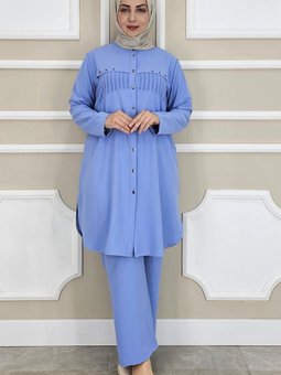 Mavi Kombinli Taş Detaylı İkili Takım