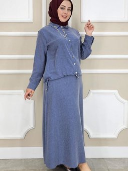 Mavi Sallantı Aksesuarlı Etekli İkili Takım