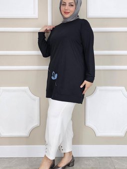 Siyah Çiçek Dikme Detaylı Tunik