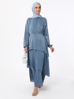 Acik Petrol Volanlı Saten Abiye Elbise