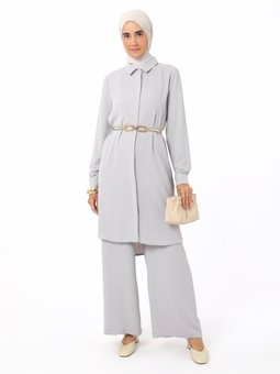 Bağlama Detaylı Pantolon Tunik İkili Gri Takım