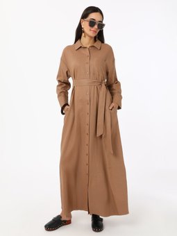 Boydan Düğmeli Keten Açık Kahve Elbise