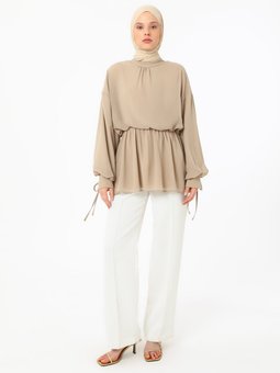 Büzgü Detaylı Şifon Natural Bluz / Gömlek