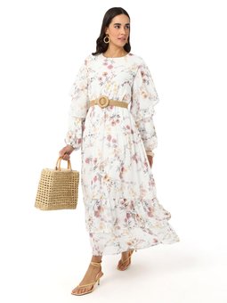 Çiçek Desenli Fırfır Detaylı Şifon Beyaz Elbise Kırmızı