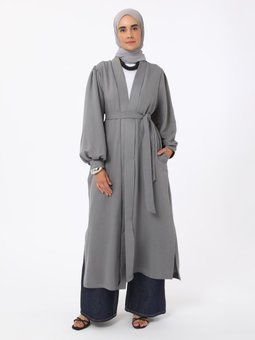 Gri Bağlama Detaylı Abaya