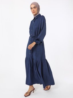 Keten Görünümlü Boydan Düğmeli İndigo Elbise