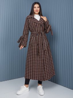 Ekose Kadın Oversize Kahverengi Trençkot