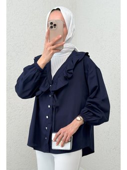 Lacivert Degaje Yaka Fırfırlı Tunik