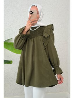 Omuz Fırfır Detaylı Koyu Haki Tunik