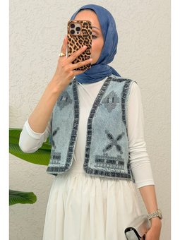 Pul Nakışlı Denim Mavi Yelek