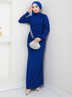 Saks Mavisi Mavi Kardelen Tesettür Abiye Elbise