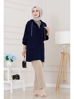 Kapüşonlu Önü Patlı Lacivert Kap