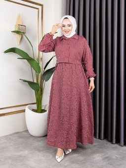 Bordo Çizgili Viskon Kıraş Gömlek Elbise