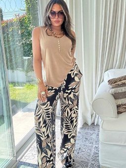 Kahve Siyah Viskon Saten Desenli Pantolon