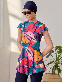 Pembe Yarı Likralı Mendil Kol Fulya Renk Paleti Tam Kapalı Mayo