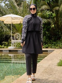 Siyah Tam Kapalı Mayo Takımı Afrikan Desenli Esnek