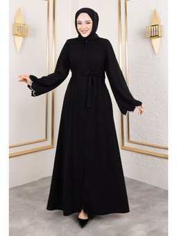 Kol Ucu Nakış Detaylı Siyah Ferace