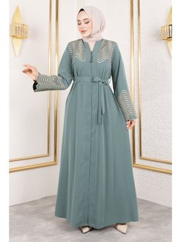 Nakış Ve Taş Detaylı Abaya Mint Yeşili