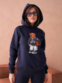 Lacivert Ayıcık Desenli Üç İplik Şardonlu Ve Kapüşonlu Sweatshirt