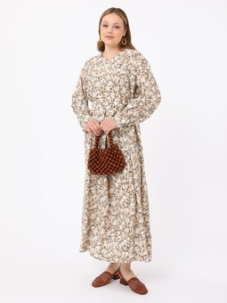 Büyük Beden Çıtır Çiçek Desenli Bej Çiçekli Elbise