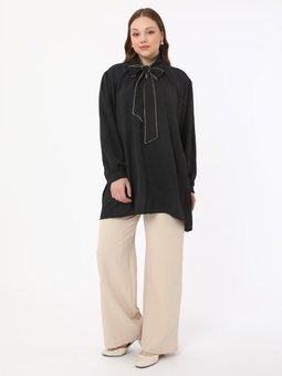 Büyük Beden Nakış Detaylı Boyundan Bağlamalı Aerobin Siyah Tunik