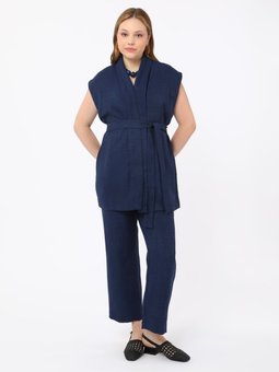 Büyük Beden Yelekli Pantolonlu Lacivert Takım