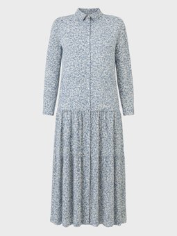 Doğal Kumaşlı Büyük Beden Çiçek Desenli Mavi Elbise