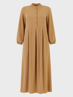 Hakim Yaka Düğme Detaylı Büyük Beden Aerobin Bej Elbise