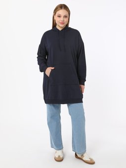 Lacivert Büyük Beden Pamuklu Kapişonlu Sweatshirt