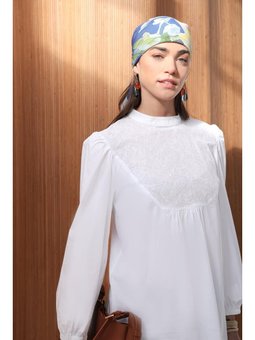 Fisto Garnili Kolu Lastikli Poplin Tunik Beyaz